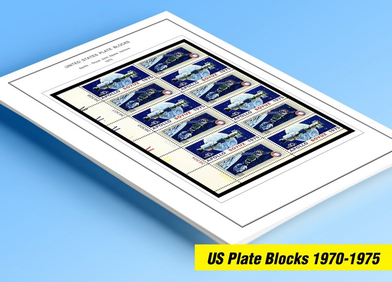 COLOR PRINTED US PLATE BLOCKS 1970-1975 STAMP ALBUM PAGES (68 illustrated pages)