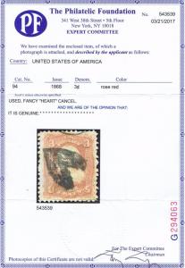 SC# 94 USED 3 CENT WASHINGTON, GRILL, 1868, HEART FANCY CANCEL, PF CERT.  