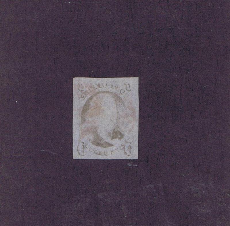 SC# 1 USED 5 CENT FRANKLIN, 1847, RED CANCEL PRE PRINTING PAPER CREASE