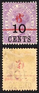 British Honduras SG43var 6c on 10c on 4d in Red 6 smudged M/M