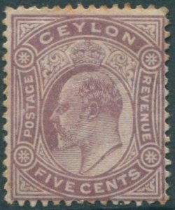 Ceylon 1904 SG280 5c dull purple KEVII mult crown CA wmk #2 MLH (amd)