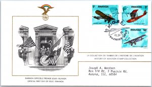 HISTORY OF AVIATION TOPICAL FIRST DAY COVER SERIES 1978 - RWANDA 1F 3F AND 10F