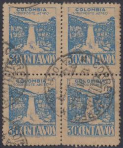 COLOMBIA 1945 Sc C138 BLOCK OF FOUR POSTAL FORGERY LA DORADA Cds F,VF & SCARCE 