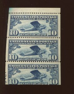 C10a Lindbergh Air Mail Mint PLATE # Booklet Pane of 3 Stamps NH (By 1419)