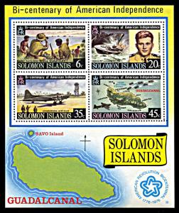 Solomon Islands 336a, MNH, American Bicentennial and USA in WWII souvenir sheet