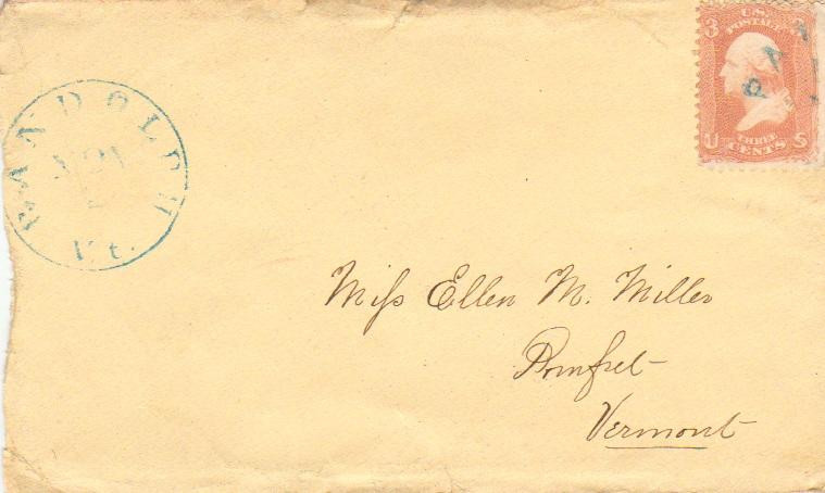 United States Vermont Randolph c1865 blue serifed cds, Paid in arc  3c Washin...