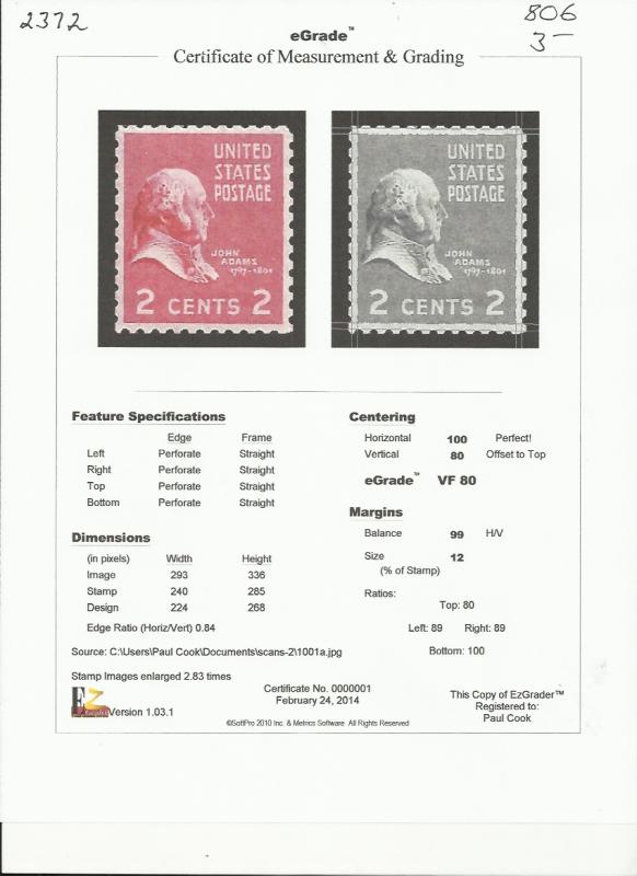 # 806 MINT NEVER HINGED JOHN ADAMS VF+