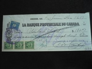 Canada - Revenue Tax and KGVI Issue Stamps on cheque dated 1946