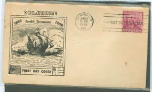 US 836 1938 3c Settlement of Delaware Tercentennary by the Swedes and Finnish on an unaddressed FDC with a J.W.Clifford cachet