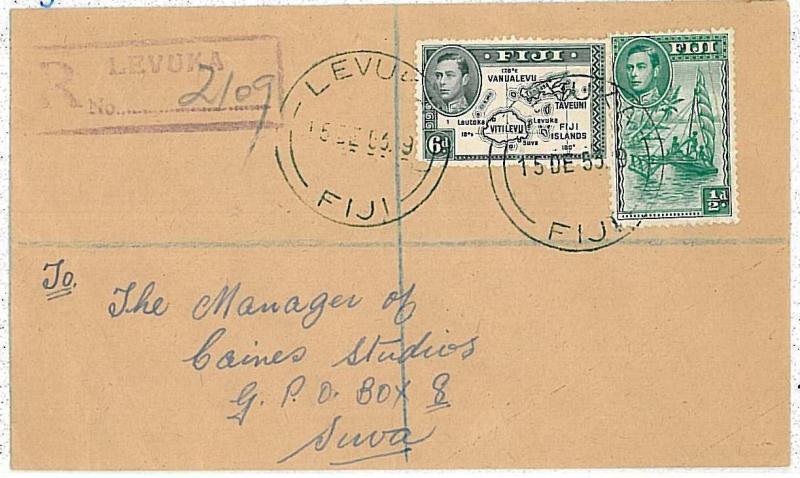 BOATS \ MAPS : FIJI -  POSTAL HISTORY:  registered COVER  from LEVUKA ! 1955