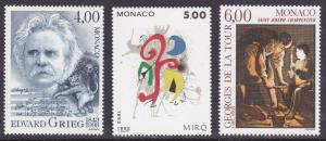 Monaco 1993 ART MUSIC set  (3) Grieg, Miro, de la Tour Post Office Fresh NH(**)