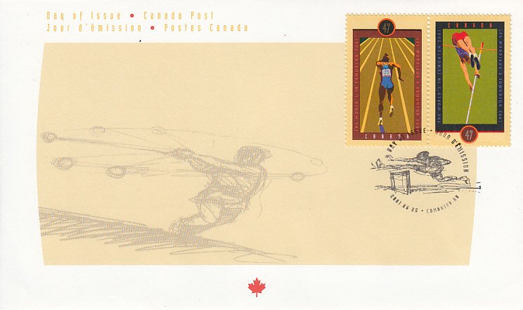 Canada 2001 FDC Scott #1908a Se-tenant pair 47c IAAF World Championships, Edm...