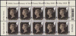 GB 4355 180th Anniversary of the Penny Black header block (10 stamps) MNH 2020