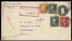 USA 1920 Franklin 10c Wash 1c 2c Orange CA Reg Cover Poessneck Germany 90538