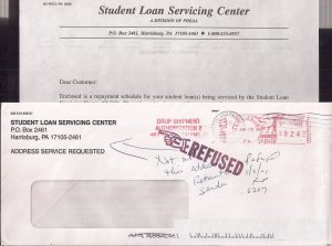 REFUSED poining finger marking 2001 STUDENT LOAN mailing w/ meter stamp, content