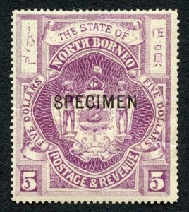 North Borneo SG85 5 dollars Bright Purple (Creased) opt SPECIMEN