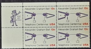 US Scott # 1683; MNH, og; 13c A G Bell from 1976; zip blk of 4; VF/XF centering