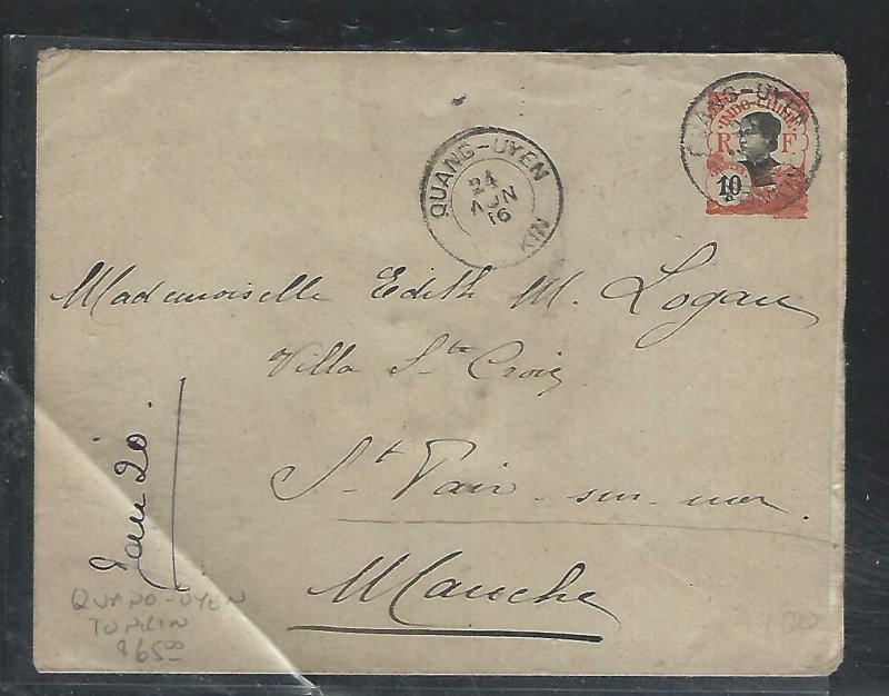 FRENCH INDOCHINA  (PP3008B) 1916 COVER PSE  10C  QUANG-UYEN, TONKIN TO FRANCE