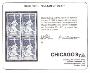 Philatelic Souvenir Card ASDA Chicago '87 #2046 Babe Ruth Facsimile Baseball