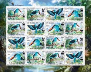 St Thomas - 2019 WWF Ovpt Kingfisher Birds 16 Stamp Sheet ST190515e1