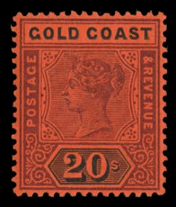 Gold Coast #25 Cat$190+ (for hinged), 1889 20sh violet and black, never hinged