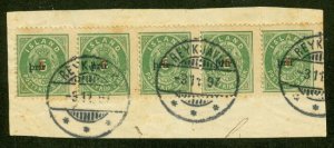 ICELAND #32 3Prir (small), STRIP OF 5 tied on small piece w/Reykjavik cancel