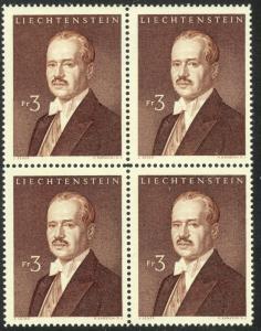 LIECHTENSTEIN 1960 3Fr Prince Franz Joseph II Issue BLOCK OF 4 Sc 358 MNH