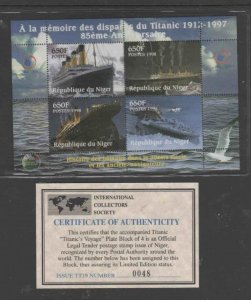 NIGER 1998 TITANIC MINT VF NH O.G M/S4 W/CERT (2NI) cc 