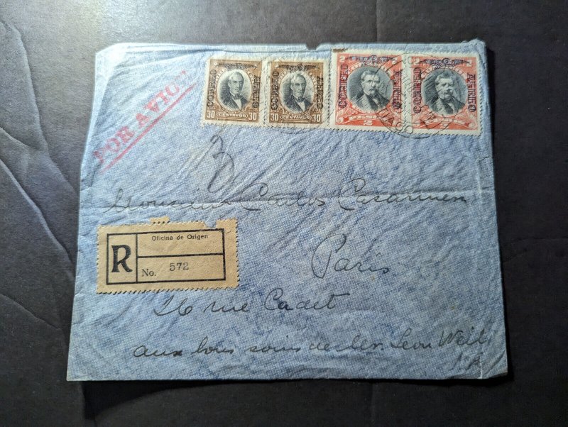 1909 Registered Chile Airmail Overprint Cover Santiago to Paris France