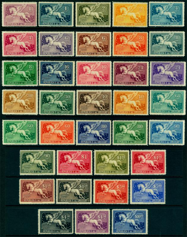 URUGUAY 1929-43 AIRMAIL - Horse/ PEGASUS - long complete set Sc# C27-60A mint MH