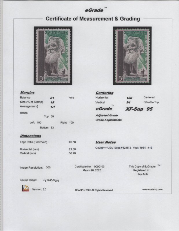 US Scott #1245 OG MNH eGRADED With Certificate Superb 95