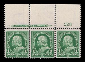 GENUINE SCOTT #279 MINT OG NH PLATE #528 BEP IMPRINT STRIP OF 3 WIDE TOP