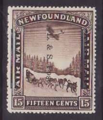 Newfoundland-Sc#211iii-id30-unused og LH 15c Land & Sea overprint-Dogs-Perf 14.1