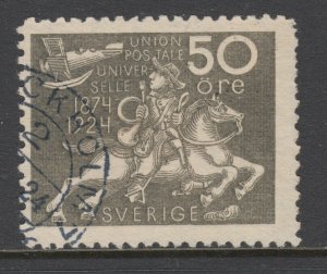 Sweden Sc 222 used 1924 50ö gray Postrider and Airplane, crisp STOCKHOLM cancel