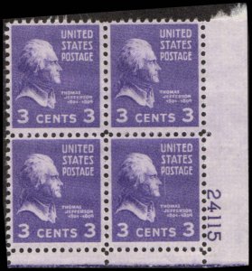 US #807 JEFFERSON MNH LR PLATE BLOCK #24115