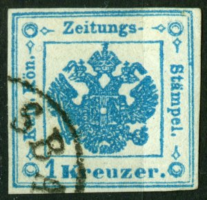 Austria,1859 NEWSPAPER FISCAL STAMP Mi.#2I, 1Kr blue., round cancel.,