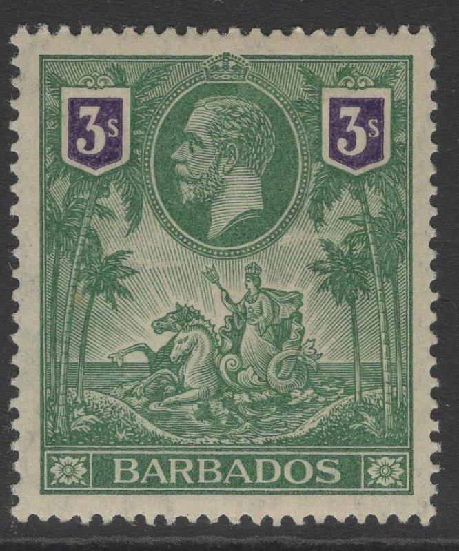 BARBADOS SG180 1912 3/= GREEN & VIOLET MTD MINT