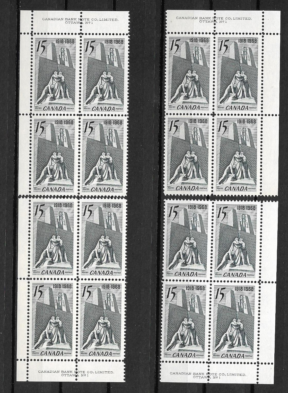 Canada-1968, Sc#486, Pl:1,Mnh, Blank Matched SET of Four-Armistice-Vimy ...