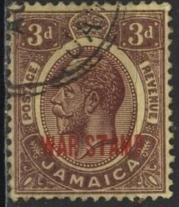 Jamaica MR11 (used) 3p George V, vio on yel paper, ovptd in red (1919)