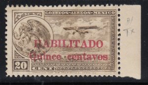 Mexico 1931 15c on 20c Brown Olive Habilitado Marginal VLM Mint. Scott C38 