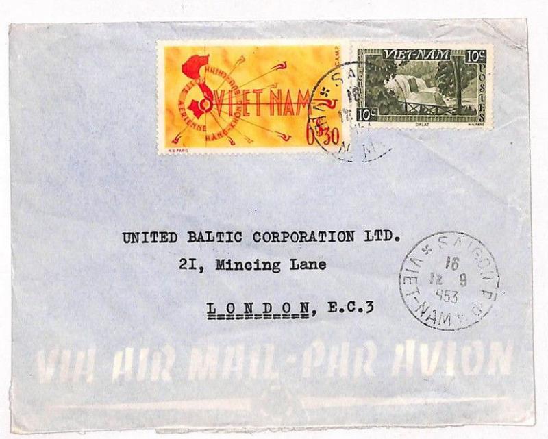 UU83 1953 Vietnam Saigon Commercial Airmail Cover London GB {samwells-covers}