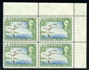 Bermuda 1938 KGVI 7½d black, blue & bright green block MNH. SG 114b. Sc 121D.