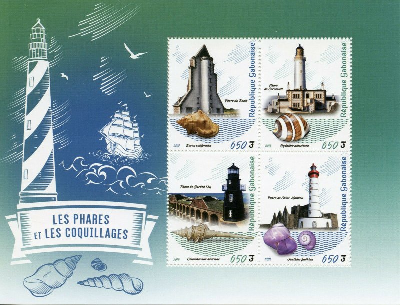 Gabon Stamps 2019 MNH Lighthouses & Seashells Shells Architecture Marine 4v M/S