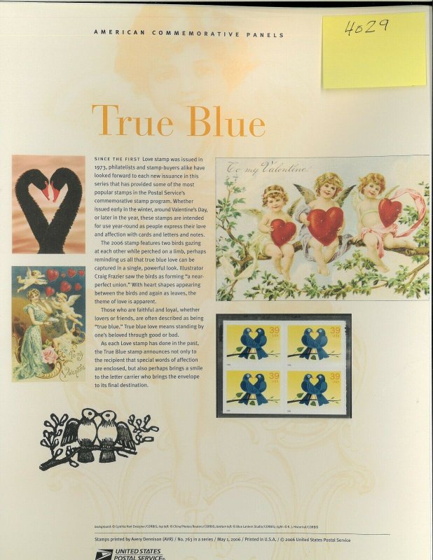 USPS COMMEMORATIVE PANEL #763 TRUE BLUE #4029