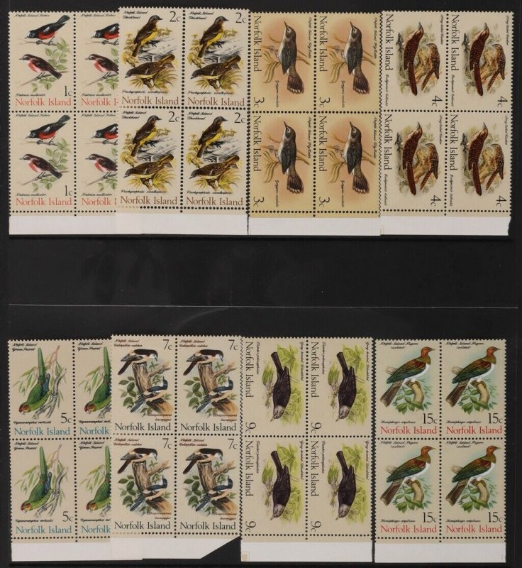 NORFOLK ISLAND 1970 Birds Def set 1c-$1, blocks MNH **. Retail $144.