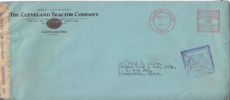 Meters 5c Meter 1941 Cleveland, Ohio to Alexandria, Egypt.  Corner card The C...