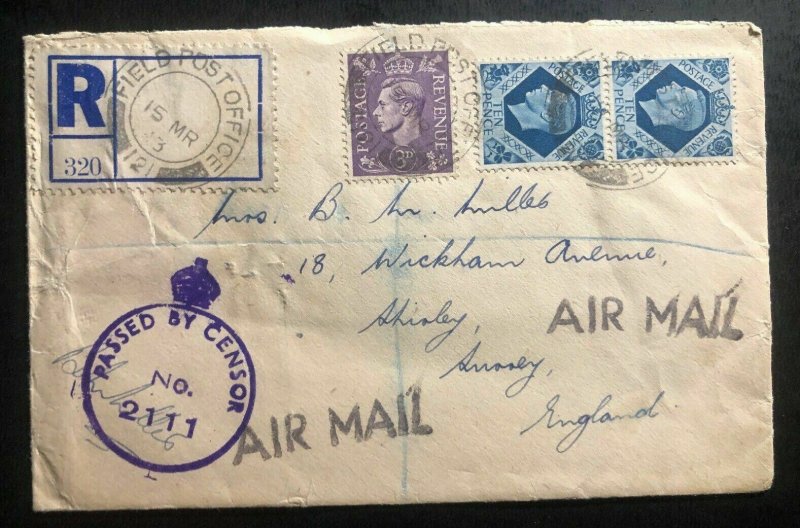 1943 Rafah Palestine British Field Post Airmail Censored Cover To England