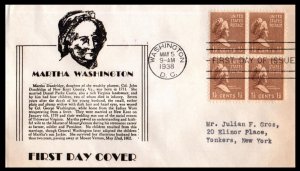 1938 Presidential series Sc 805-36 Martha Washington FDC Clarence Reid (T18