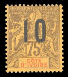 French Colonies, French Guinea #41a Cat$225, 1912 10c on 75c deep violet, wid...