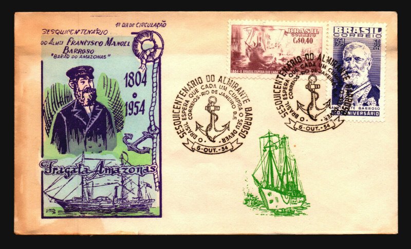 Brazil 1954 Barroso FDC / Painted / Toning / Tiny Bottom Tear - L3618